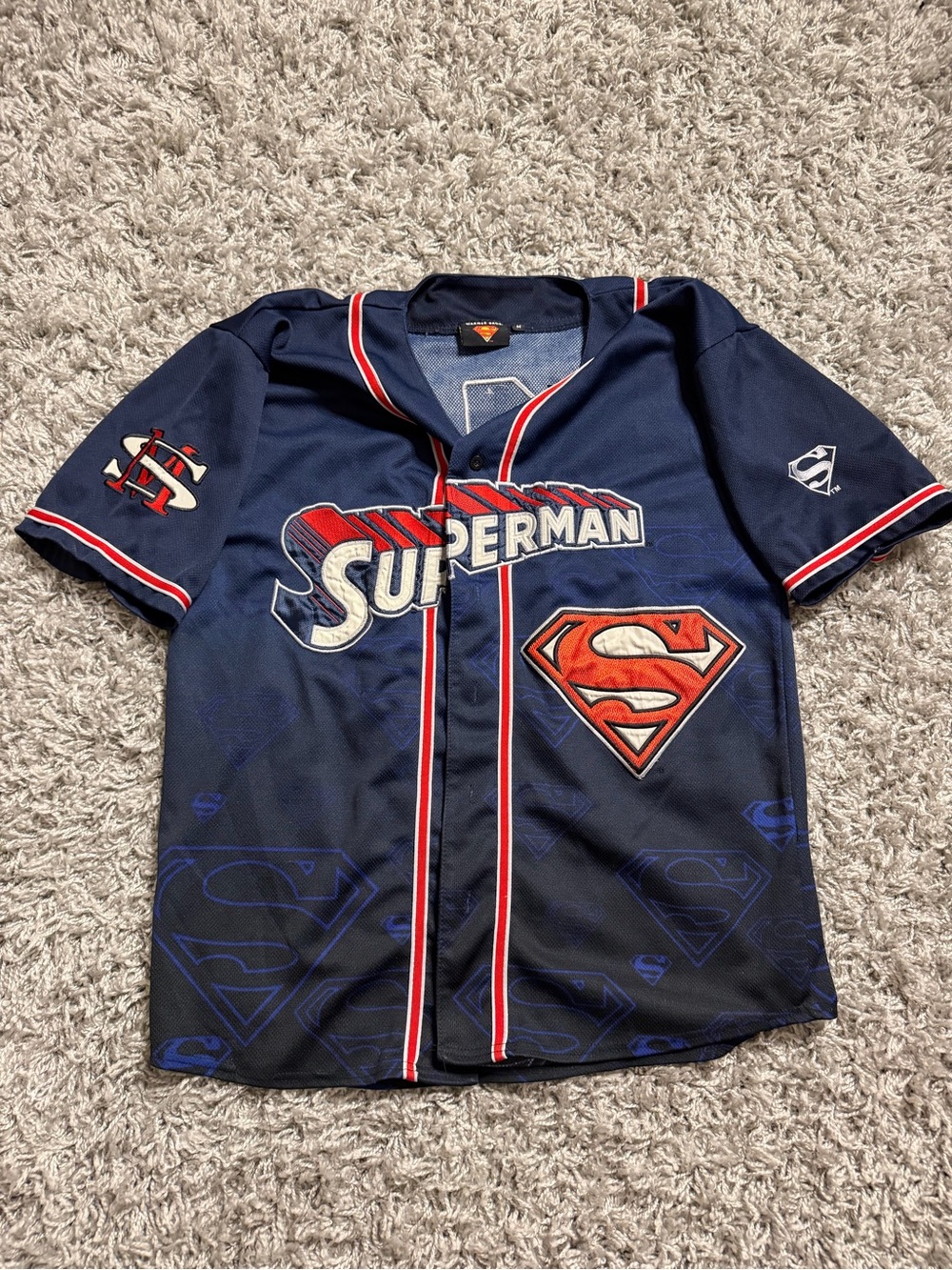 Superman Navy Blue Baseball Jersey Top - Picture 2 of 5